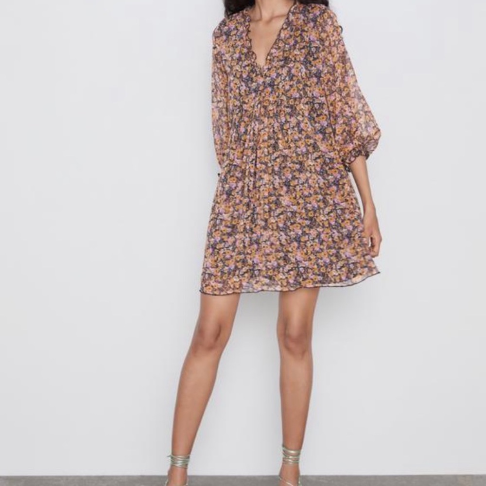 Zara yellow floral long sleeve dress M
